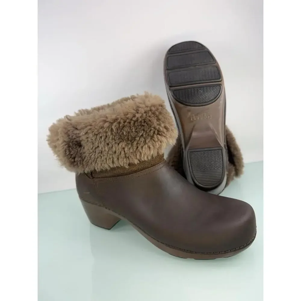 Dansko Leather Brown EU 42 US 11 Shearling Lined Boots Fold Over Cozy Comfort
